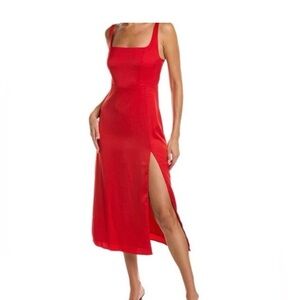 Red Square-Neck Midi Dress with Side Slit